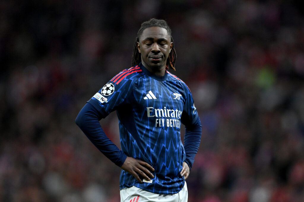 Eberechi Eze looking on during an Arsenal game