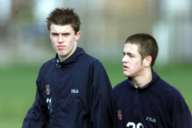 23Feb 2001:  Michael Carrick (left) and Joe Cole of West Ham walking off together after training at West Hams training ground. Digital Image. Manda...