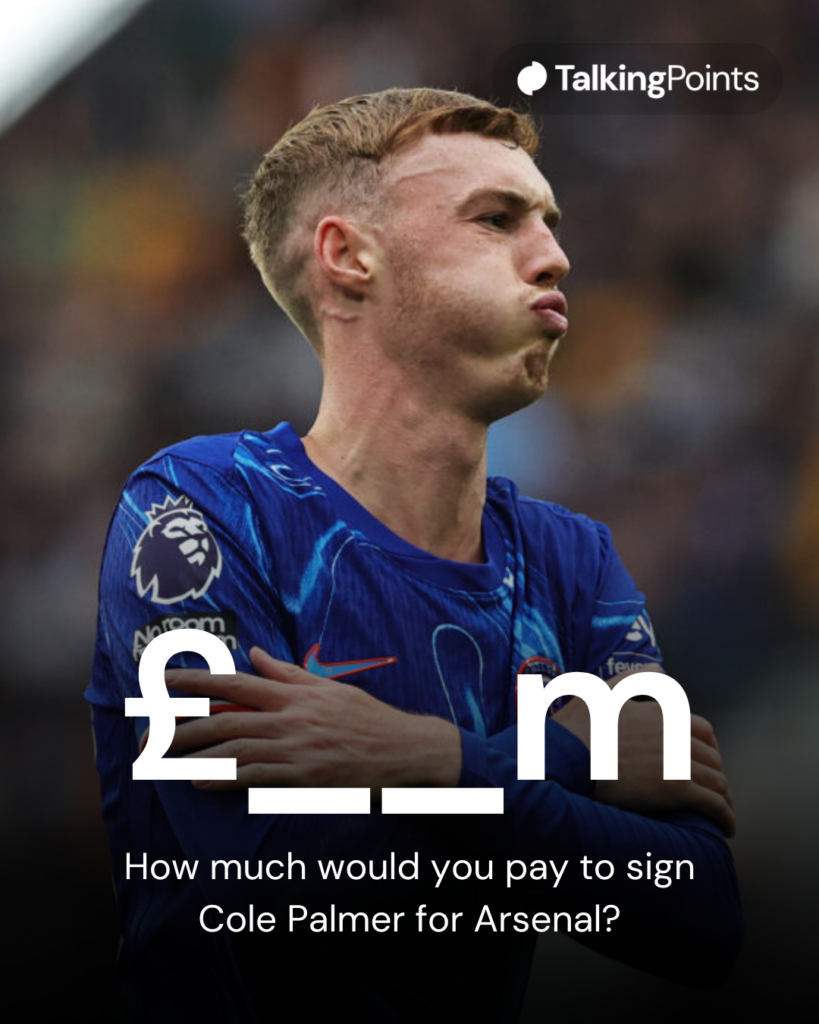 Image of Cole Palmer celebrating a Chelsea goal, overlaid a question asking fans how much they would pay to sign him
