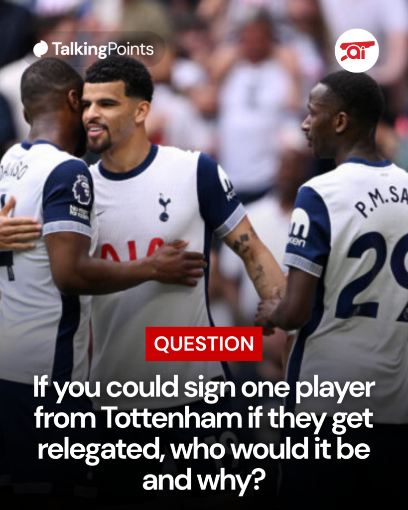 Dominic Solanke, Pape Matar Sarr and Dominic Solanke celebrate a Tottenham goal, overlaid a question for Arsenal fans