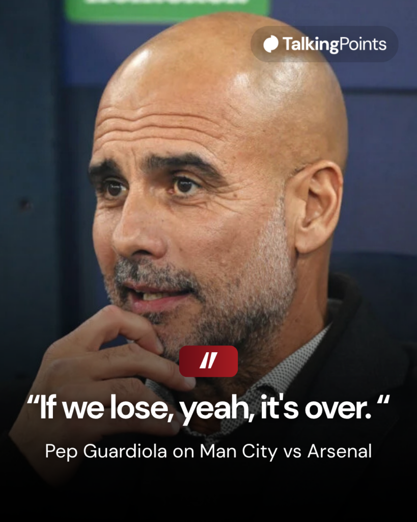 Image of Pep Guardiola, overlaid his quote about the title race between Manchester City and Arsenal