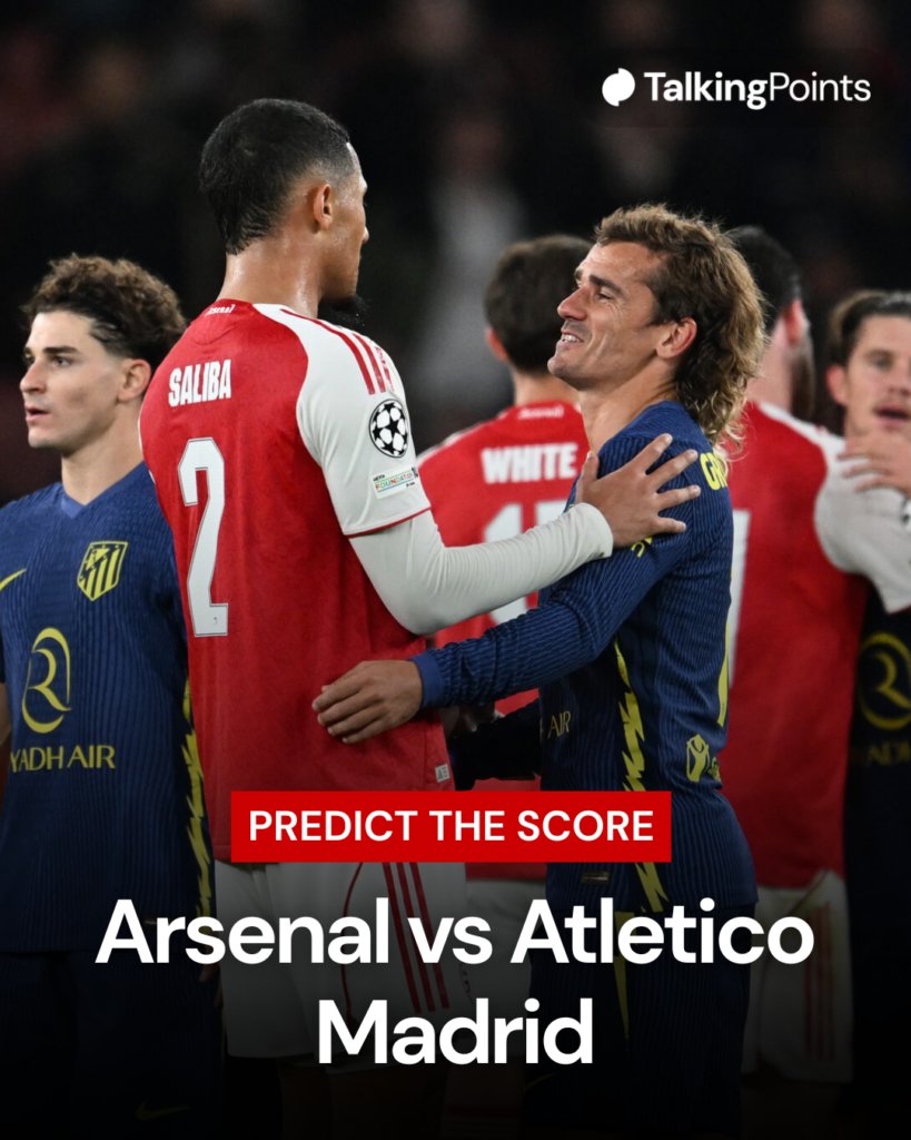 Image of William Saliba and Antoine Griezmann embracing after Arsenal vs Atletico Madrid, overlaid a call to action for score predictions