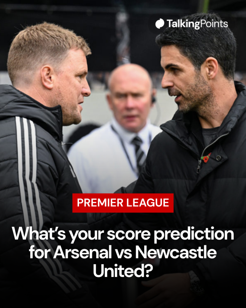 Image of Mikel Arteta and Eddie Howe before an Arsenal vs Newcastle United game, overlaid a call to action to predict the score