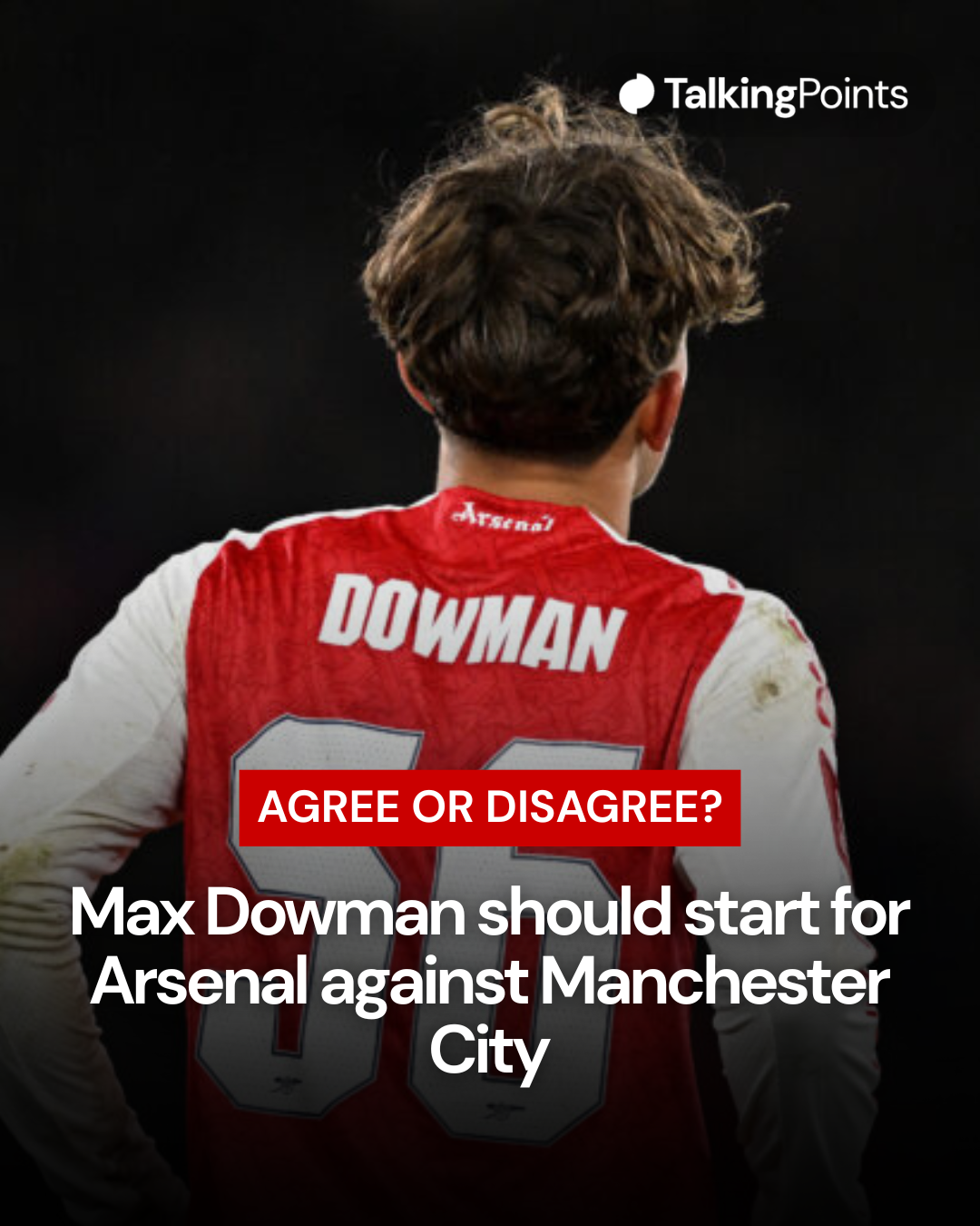 Image of Max Dowman with his back facing the camera, overlaid a question to Arsenal fans