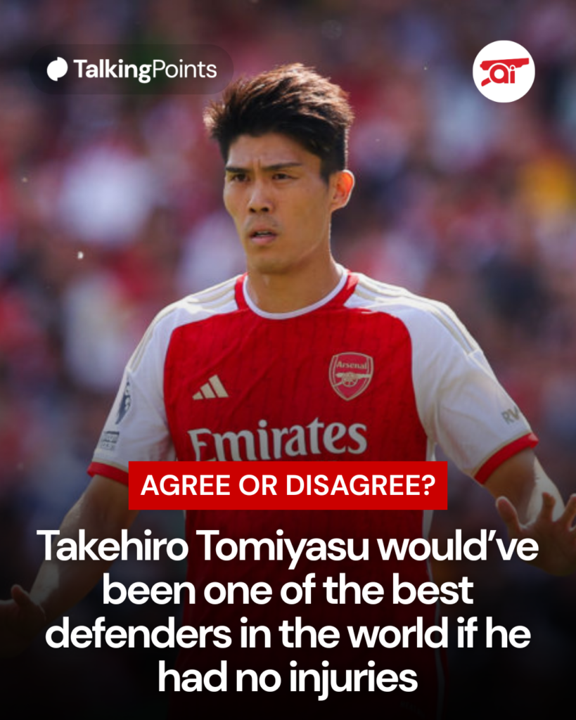 Image of Takehiro Tomiyasu playing for Arsenal, overlaid a question about him
