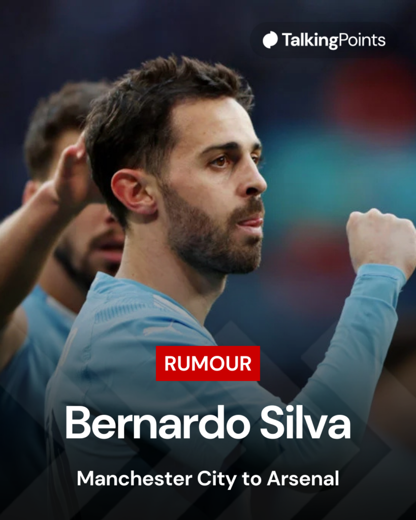 Image of Bernardo Silve celebrating during a Man City game, overlaid a transfer link to Arsenal