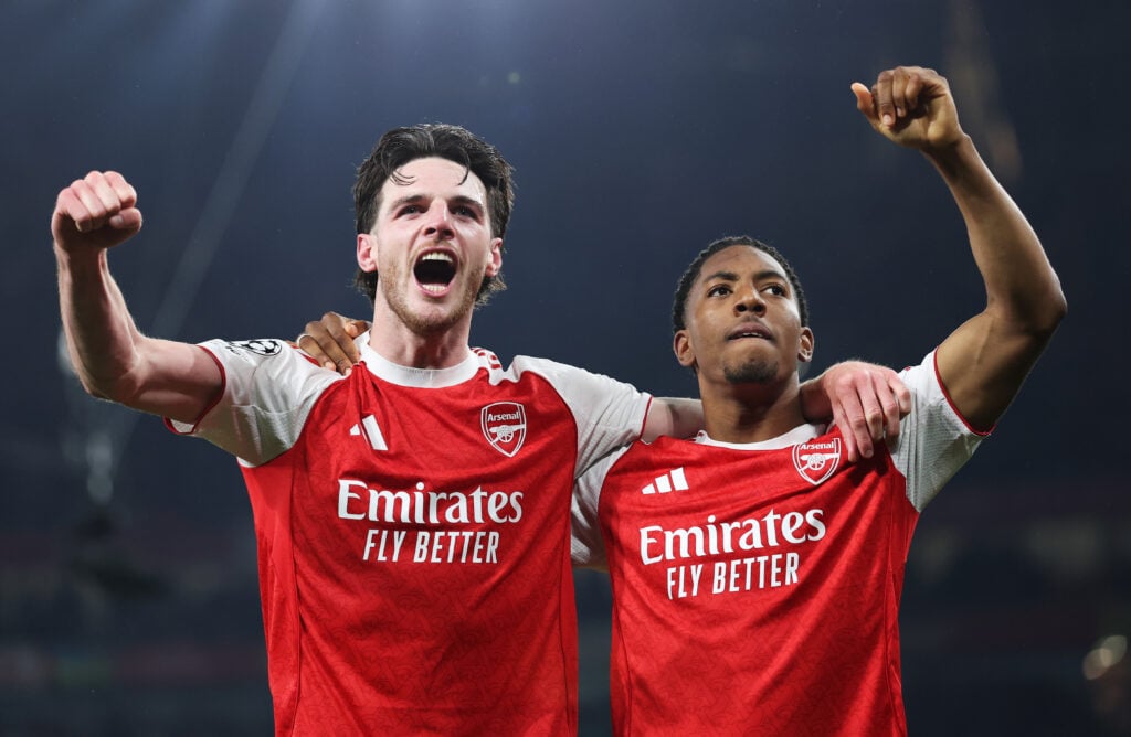 Declan Rice and Myles Lewis-Skelly celebrate an Arsenal win