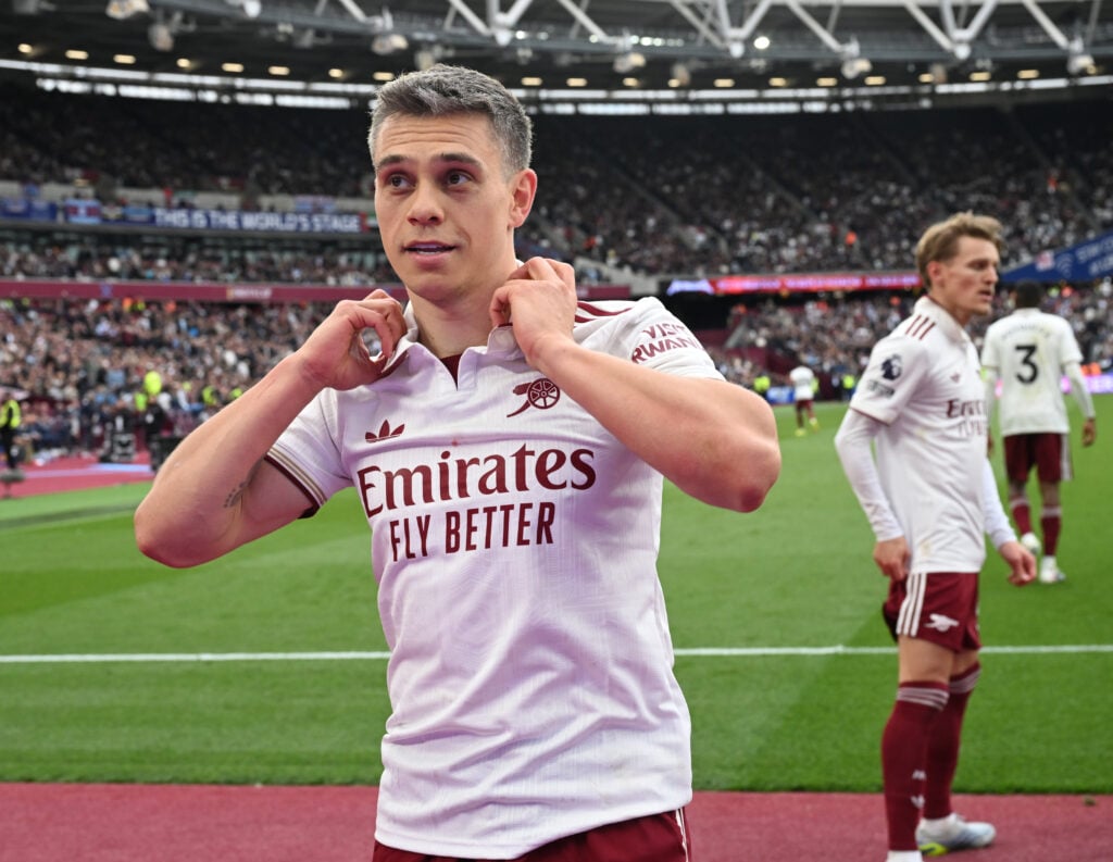 Leandro Trossard celebrates after scoring for Arsenal