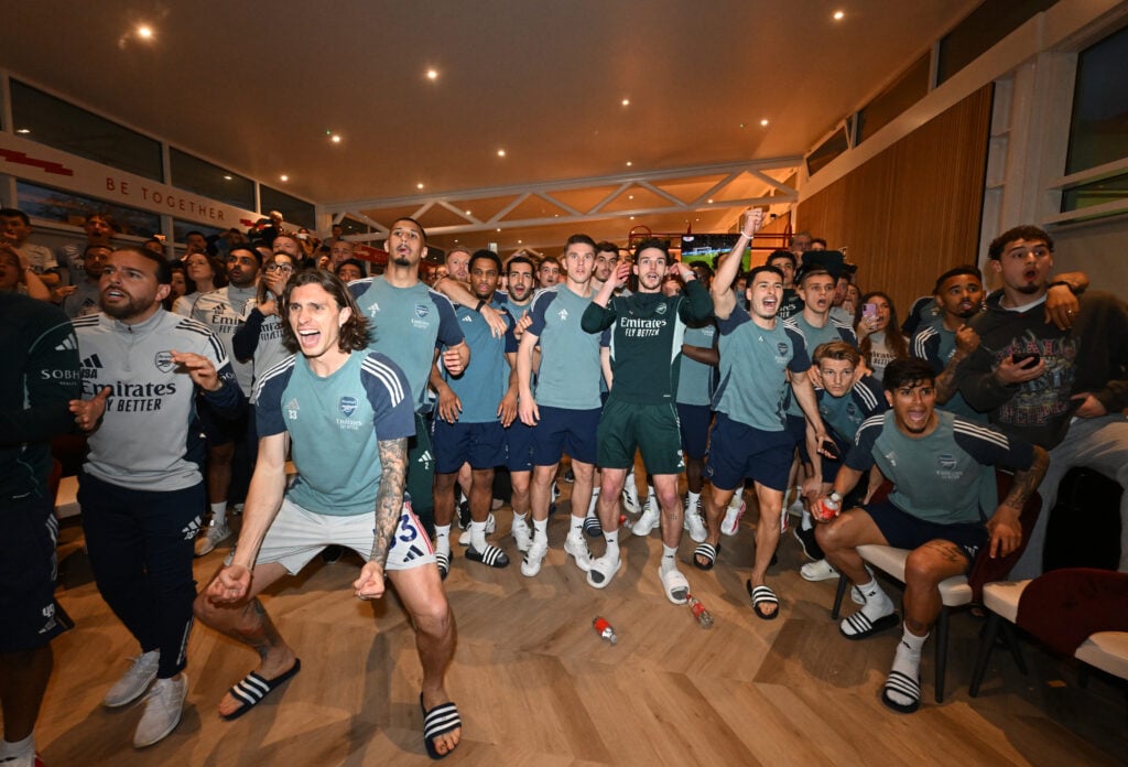 Arsenal Squad watch AFC Bournemouth v Manchester City