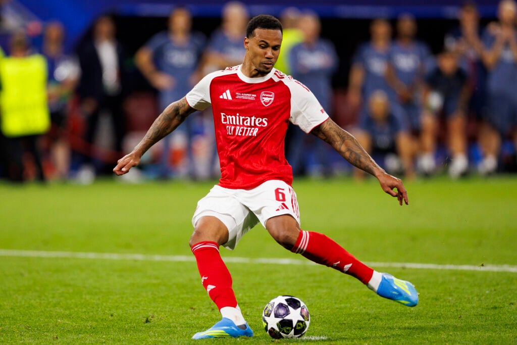 Gabriel Magalhaes takes a penalty in the Champions League final between Arsenal and PSG