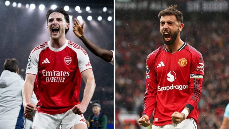 Split image of Arsenal midfielder Declan Rice and Manchester United captain Bruno Fernandes.