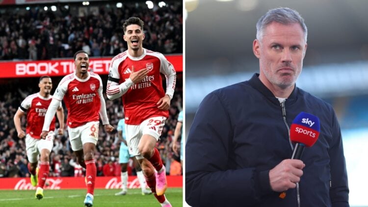 Split image of Arsenal striker Kai Havertz scores versus Burnley and Jamie Carragher.