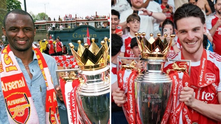 Split image of former Arsenal captain Patrick Vieira and Declan Rice.