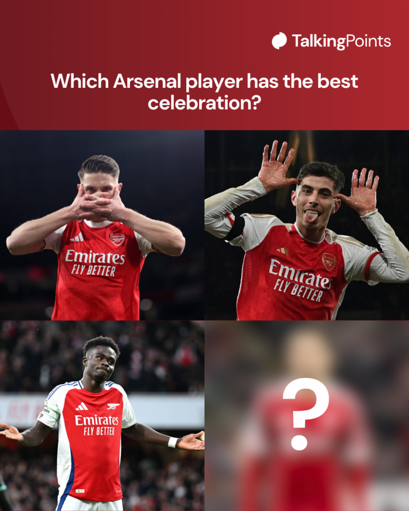 Images of Viktor Gyokeres, Kai Havertz and Bukayo Saka celebrating their goals for Arsenal, alongside a blurred image with a question mark