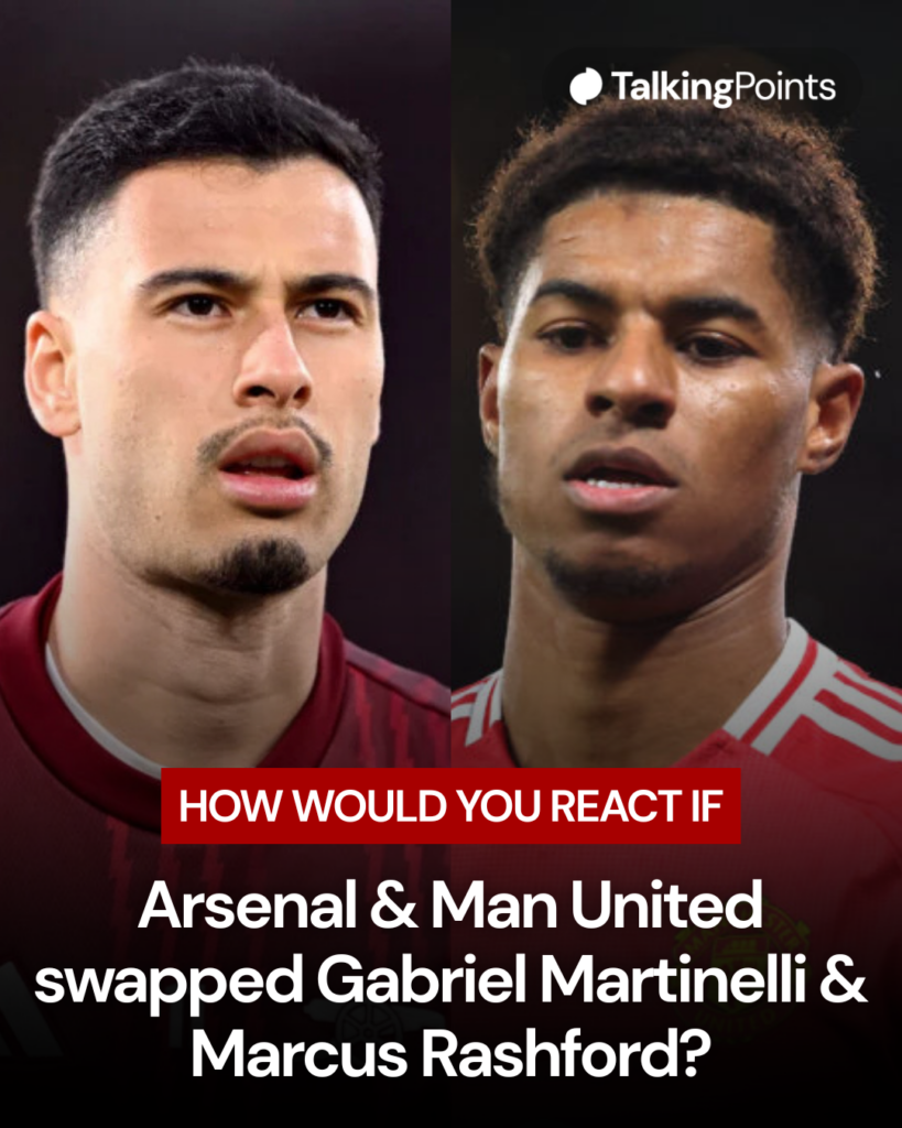 Split image of Gabriel Martinelli and Marcus Rashford with a question for Arsenal and Manchester United fans