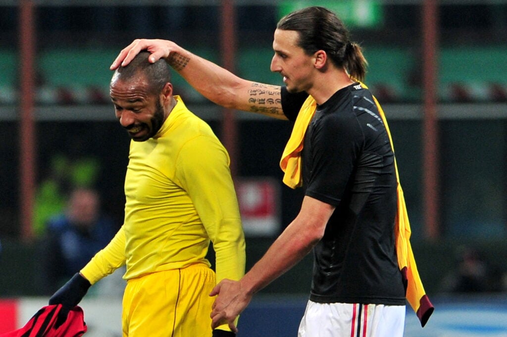 Zlatan Ibrahimovic speaks to Thierry Henry after a game