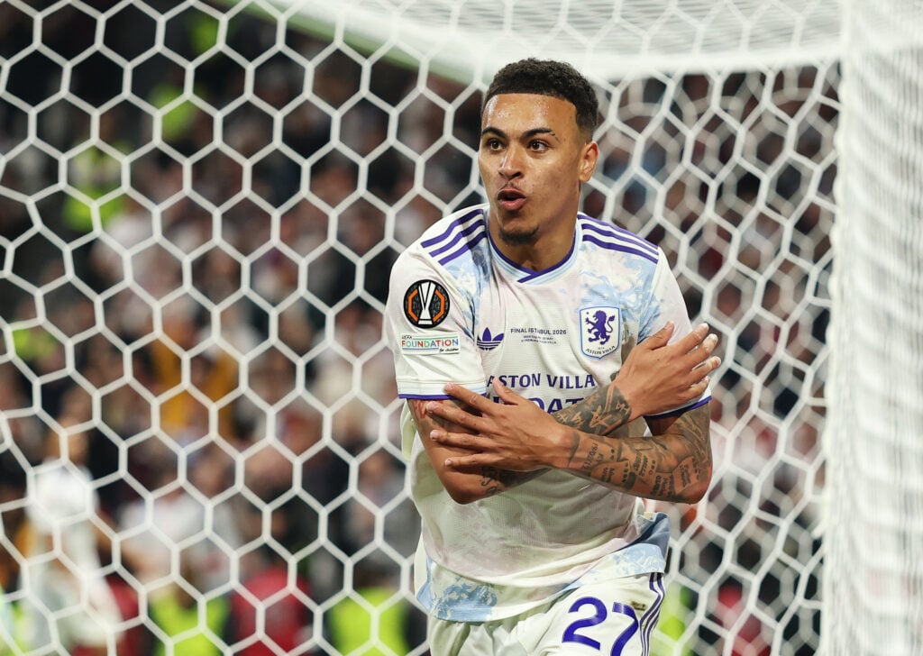 Morgan Rogers of Aston Villa celebrates scoring his team's third goal during the UEFA Europa League Final 2026 match between SC Freiburg and Aston Villa FC at Besiktas Park.