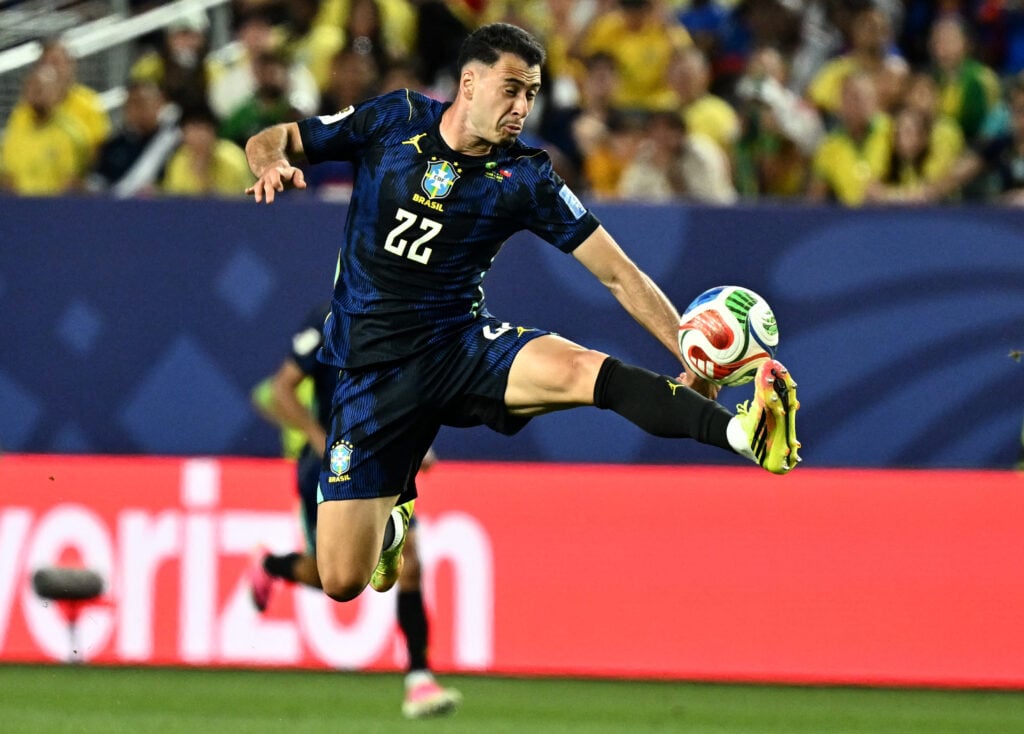 Gabriel Martinelli controls the ball with his left foot during a Brazil game