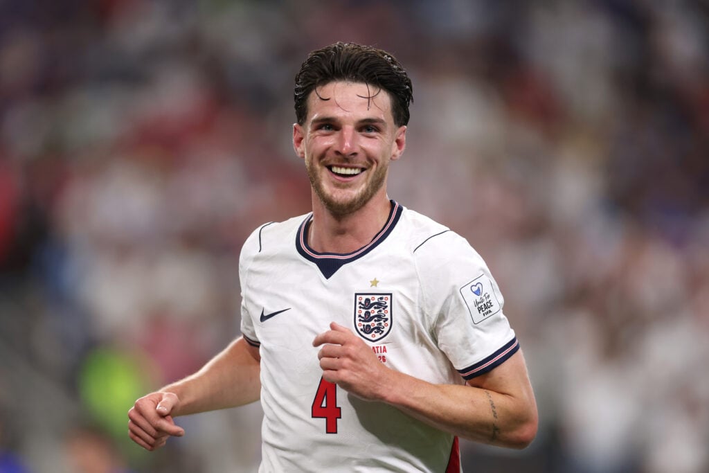 Declan Rice looking happy during an England game