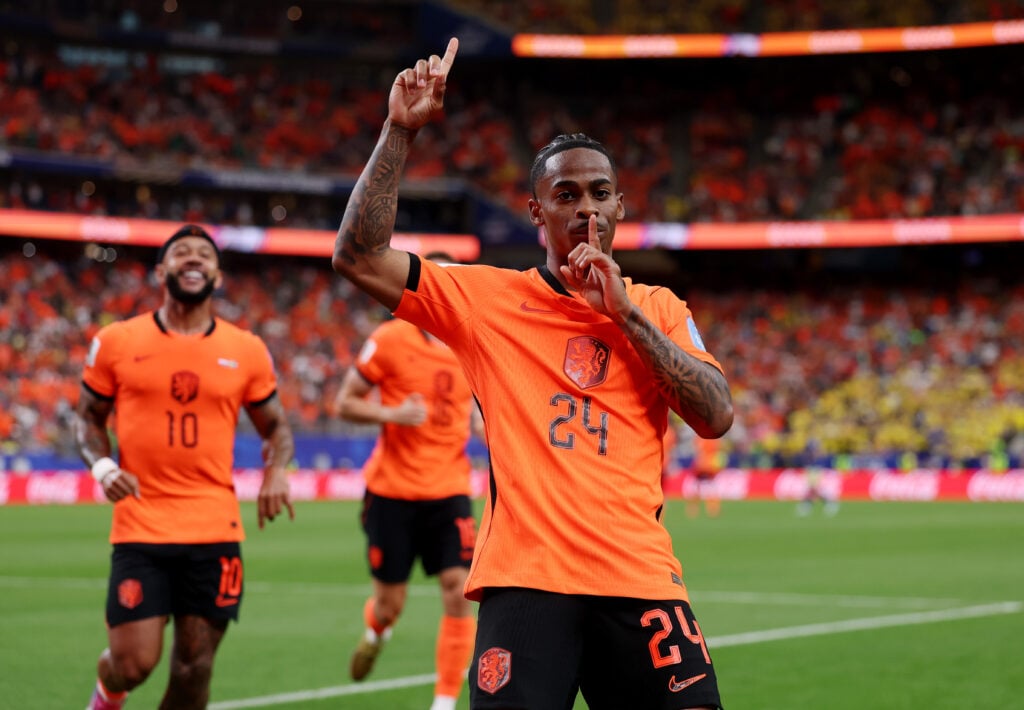 Crysencio Summerville celebrates after scoring for the Netherlands