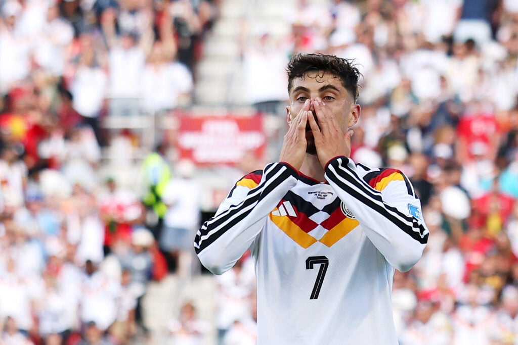 Kai Havertz #7 of Germany reacts after scoring a goal which is later disallowed for a foul in the build up during the FIFA World Cup 2026 Group E match between Germany and Cote D'Ivoire at Toronto Stadium.