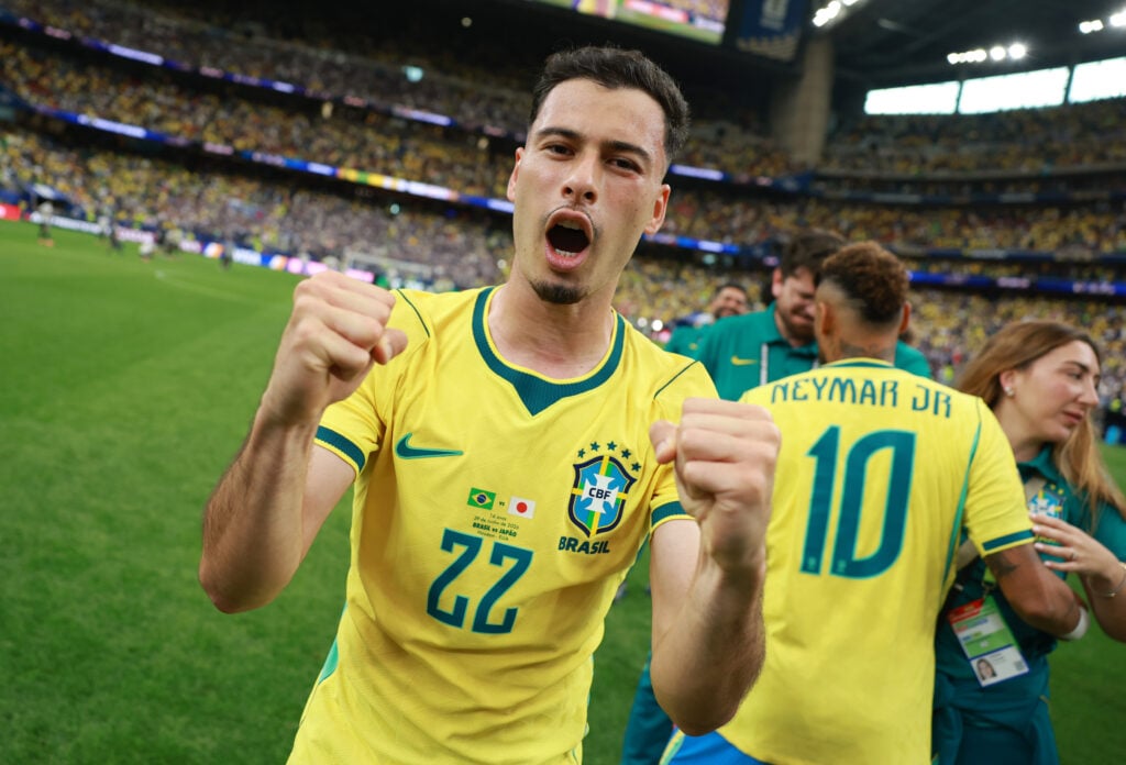 Gabriel Martinelli #22 of Brazil celebrates after the 2-1 win during the FIFA World Cup 2026 Round Of 32 match between Brazil and Japan at Houston Stadium.