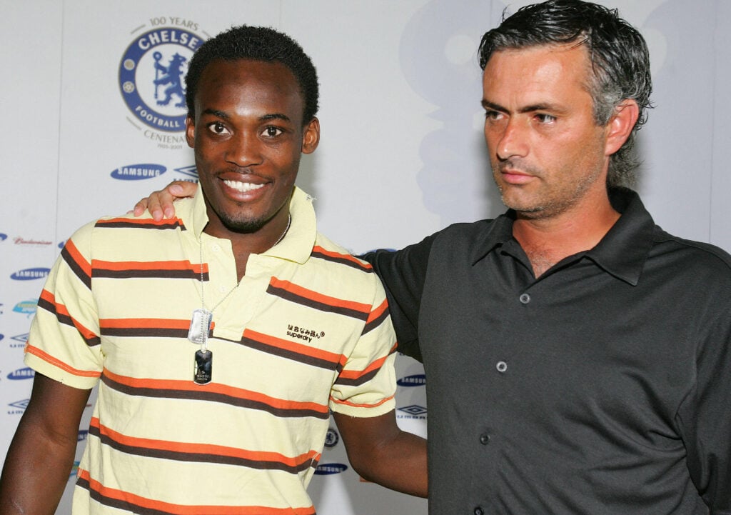 Ghana's International Michael Essien and Jose Mourinho at his Chelsea unveiling