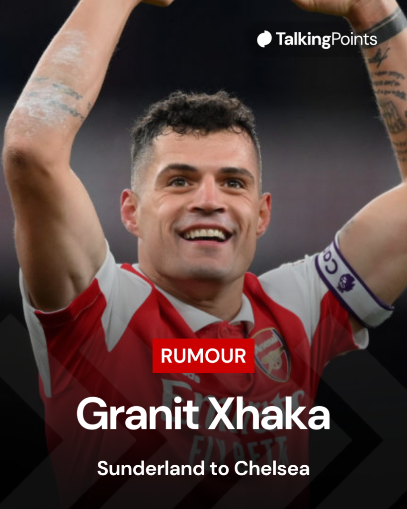 Image of Granit Xhaka celebrating during an Arsenal game, overlaid a transfer rumour linking him to Chelsea