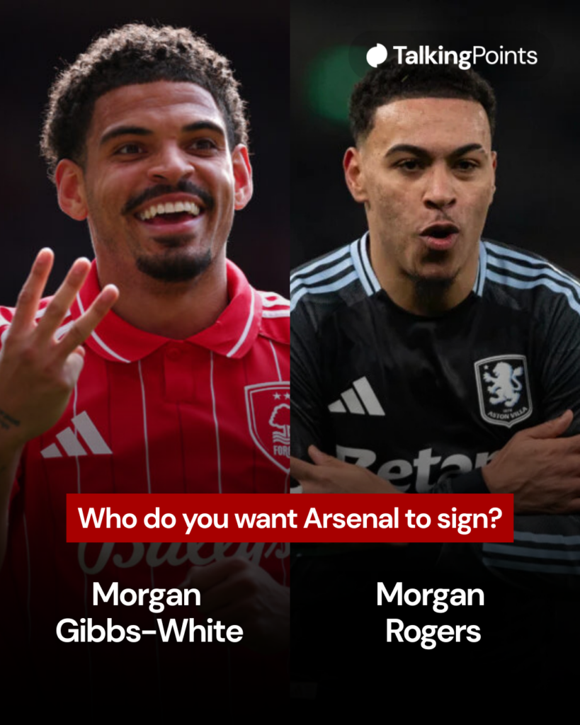 Split image of Morgan Gibbs-White and Morgan Rogers with a question to Arsenal fans