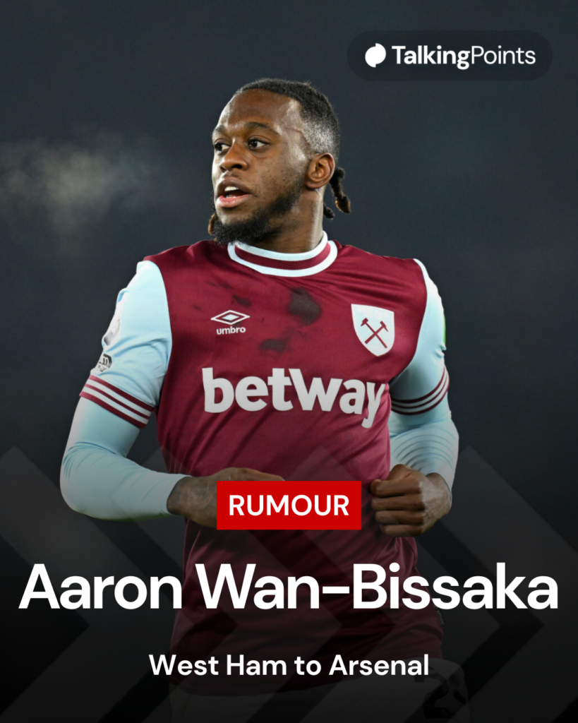 Image of Aaron Wan-Bissaka in action for West Ham, overlaid a rumour linking him to Arsenal