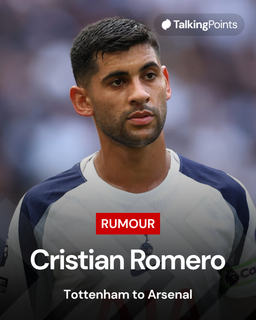 Image of Cristian Romero in action for Tottenham, overlaid a rumour linking him to Arsenal