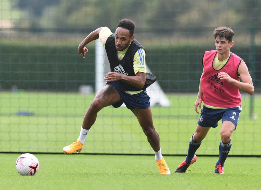 Pierre Emerick Aubameyang gets past Charlie Patino during an Arsenal Training Session