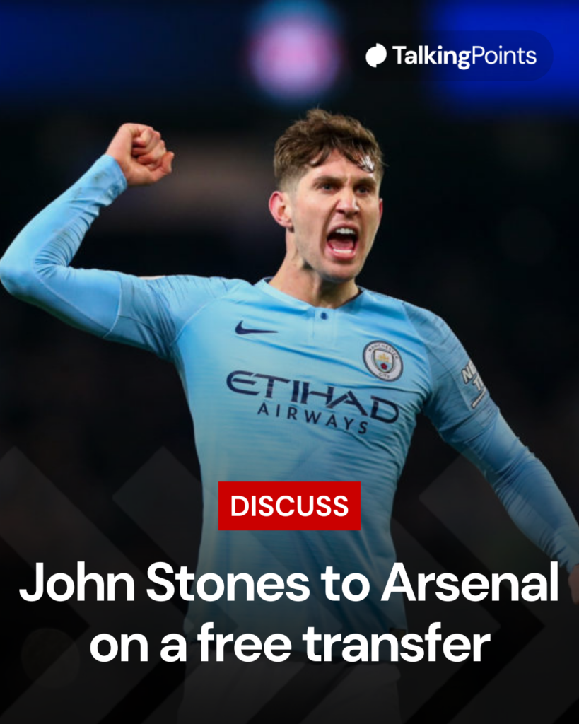 Image of John Stones celebrating during a Manchester City game, overlaid a rumour linking him to Arsenal