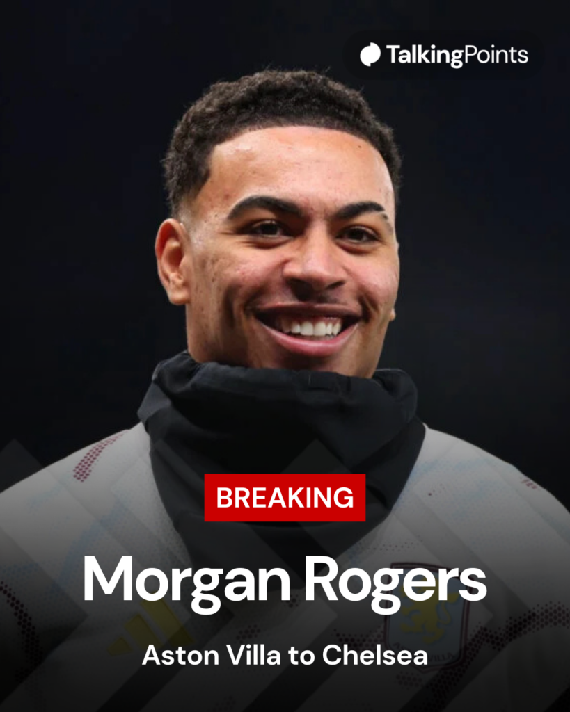 Image of Morgan Rogers smiling, overlaid breaking news that he is joining Chelsea