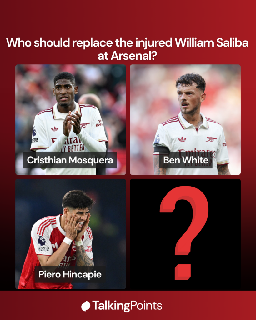 Images of Ben White, Cristhian Mosquera, Piero Hincapie and a question mark, asking fans to pick who should replace William Saliba